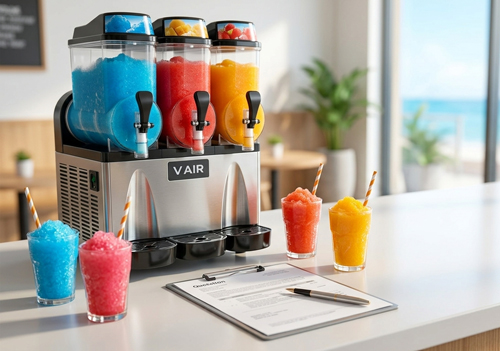 Machine a granite V AIR trois cuves sur le comptoir d'un commerce, gobelets servis